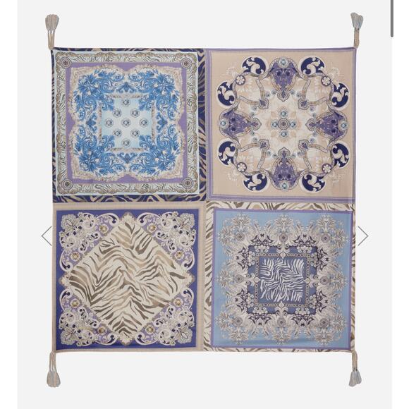 Johnny Was Valentin Silk Patchwork Tassel Detail Scarf Blue Taupe - Picture 1 of 9